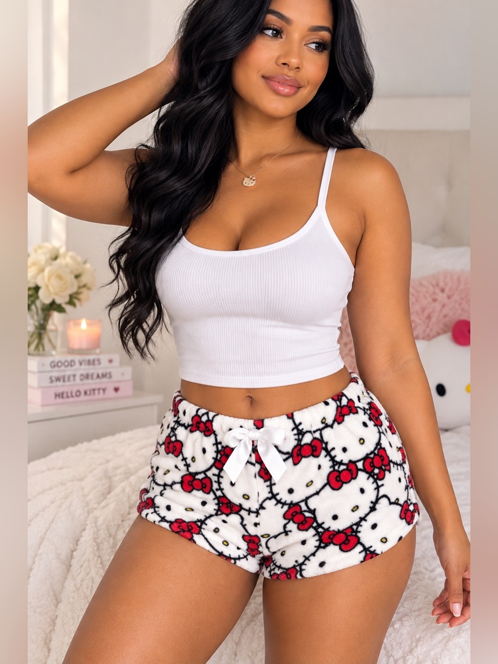Hello Kitty by Sanrio Plush Fleece Lounge Pajama Shorts White Red Size M
